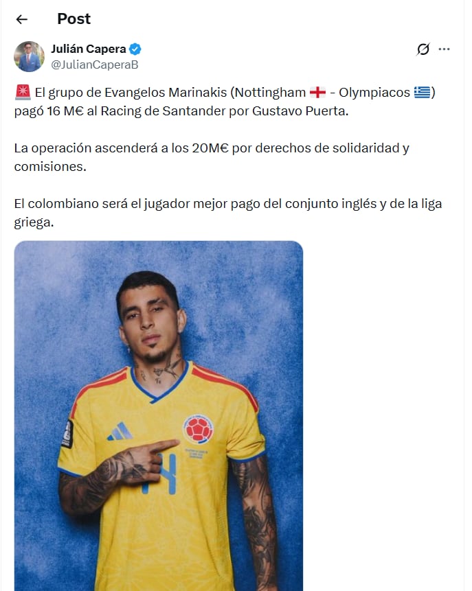 Post de Julián Capera sobre el futuro de Gustavo Puerta - crédito X