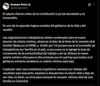 Gustavo Petro afirmó que la fórmula para calcular el salario mínimo está decretada y es irreversible - crédito @petrogustavo/X