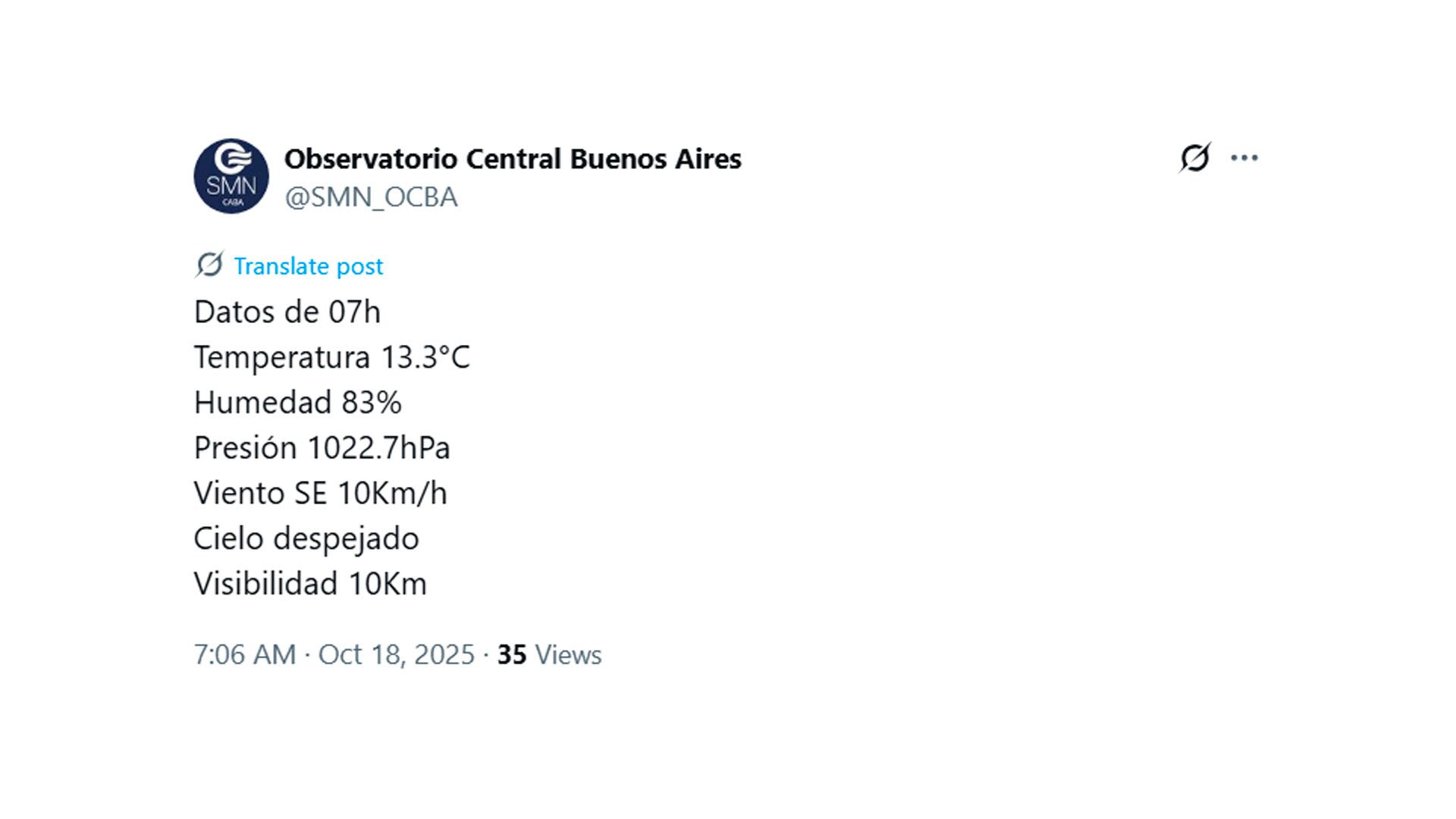 El clima según el Observatorio Central Buenos Aires, a las 7 AM (SMN)