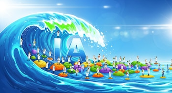 Ilustración de una gran ola azul-verde con las letras 'IA' en su cresta, avanzando sobre islas coloridas y pequeñas figuras de científicos.