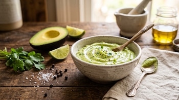 Cuenco de cerámica con crema verde, media palta, trozos de lima, ramas de cilantro, sal y granos de pimienta sobre una mesa de madera.