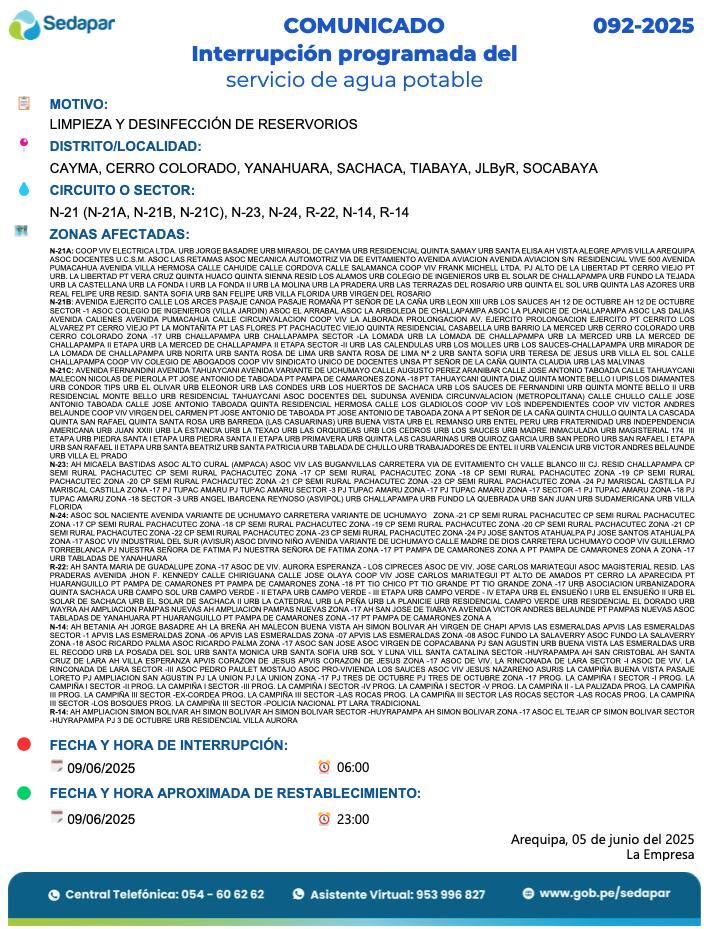 Sedapar anuncia corte de agua en Arequipa del 10 al 11 de junio.
