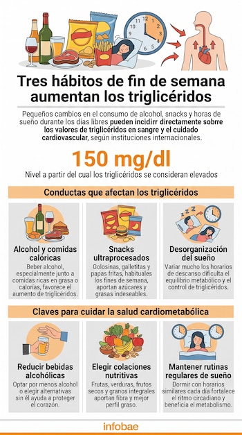 Infografía con ilustraciones de comida, alcohol, relojes y personas durmiendo, con secciones explicativas y el logotipo de Infobae.