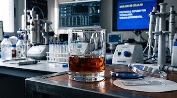 Vaso de vidrio con líquido ámbar junto a una placa de Petri y un portaobjetos con etiqueta sobre una mesa de laboratorio.