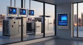 Varias unidades de climatización industrial con pantallas digitales en una azotea de edificio corporativo, vistas a través de ventanas, con un panel de control en la pared.