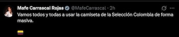 Mafe Carrascal llamó a usar la camiseta de la Selección Colombia de forma masiva, destacando su carácter popular y su arraigo como símbolo de identidad nacional - crédito Mafe Carrascal/X