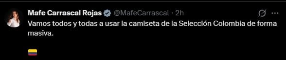 Mafe Carrascal llamó a usar la camiseta de la Selección Colombia de forma masiva, destacando su carácter popular y su arraigo como símbolo de identidad nacional - crédito Mafe Carrascal/X