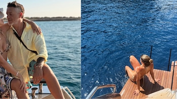 Dos imágenes. Izquierda: hombre de camisa amarilla y mujer con sombrero en la cubierta de un barco. Derecha: mujer en bañador sentada en el borde de un yate con los pies en el mar
