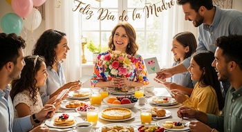 Una familia celebra el Día de la Madre alrededor de una mesa llena de comida. La madre sonríe con un ramo de flores mientras sus hijos le dan tarjetas.