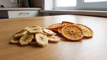 Rodajas de banana y de naranja deshidratadas apiladas en una mesa de madera. Se observa un fondo de cocina y una ventana con luz natural.