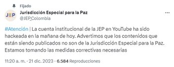 Canal de Youtube de la JEP fue hackeado: solo aparece la transmisión en vivo de un videojuego-Colombia