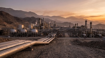Tuberías metálicas en primer plano conectadas a tanques esféricos y torres de una planta industrial frente a montañas al atardecer.