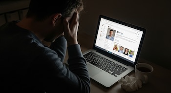 Un hombre sentado frente a una laptop con la pantalla iluminada que muestra perfiles, una taza blanca y un pañuelo de papel arrugado sobre la mesa.
