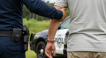 Primer plano de un hombre con esposas en la muñeca, siendo sujetado del brazo por un agente de policía con uniforme azul oscuro; una patrulla es visible al fondo.