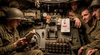 Interior de un tanque militar con tres soldados; uno lee un libro, dos observan. Hay municiones, un amuleto y dos fotografías colgadas.