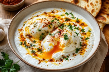 Tazón con yogur blanco, dos huevos escalfados con yema expuesta, aceite con especias rojas, perejil picado y pan plano al lado.