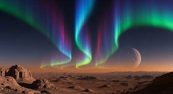 Auroras verdes, azules y magenta en el cielo nocturno. Un paisaje desértico rocoso de tonos rojizos. Un cuerpo celeste craterizado en el horizonte.