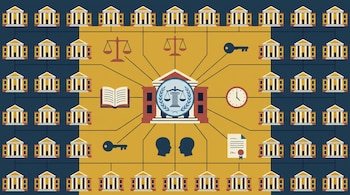 Ilustración con una cuadrícula de edificios clásicos y un edificio central conectado con líneas a símbolos de balanzas, llaves, libro y reloj.