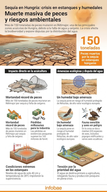 Infografía de sequía en Hungría con peces muertos en suelo agrietado, gráficos de mortandad pesquera, pérdidas económicas, aves, termómetro y sistema de riego.