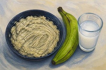 Tazón azul con puré claro, un plátano verde entero y un vaso transparente con líquido turbio sobre un fondo pintado de tonos claros.