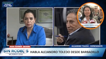 Pantalla dividida con una mujer entrevistadora, un hombre (Alejandro Toledo) y un círculo superpuesto con una mujer (Keiko Fujimori) en rueda de prensa.