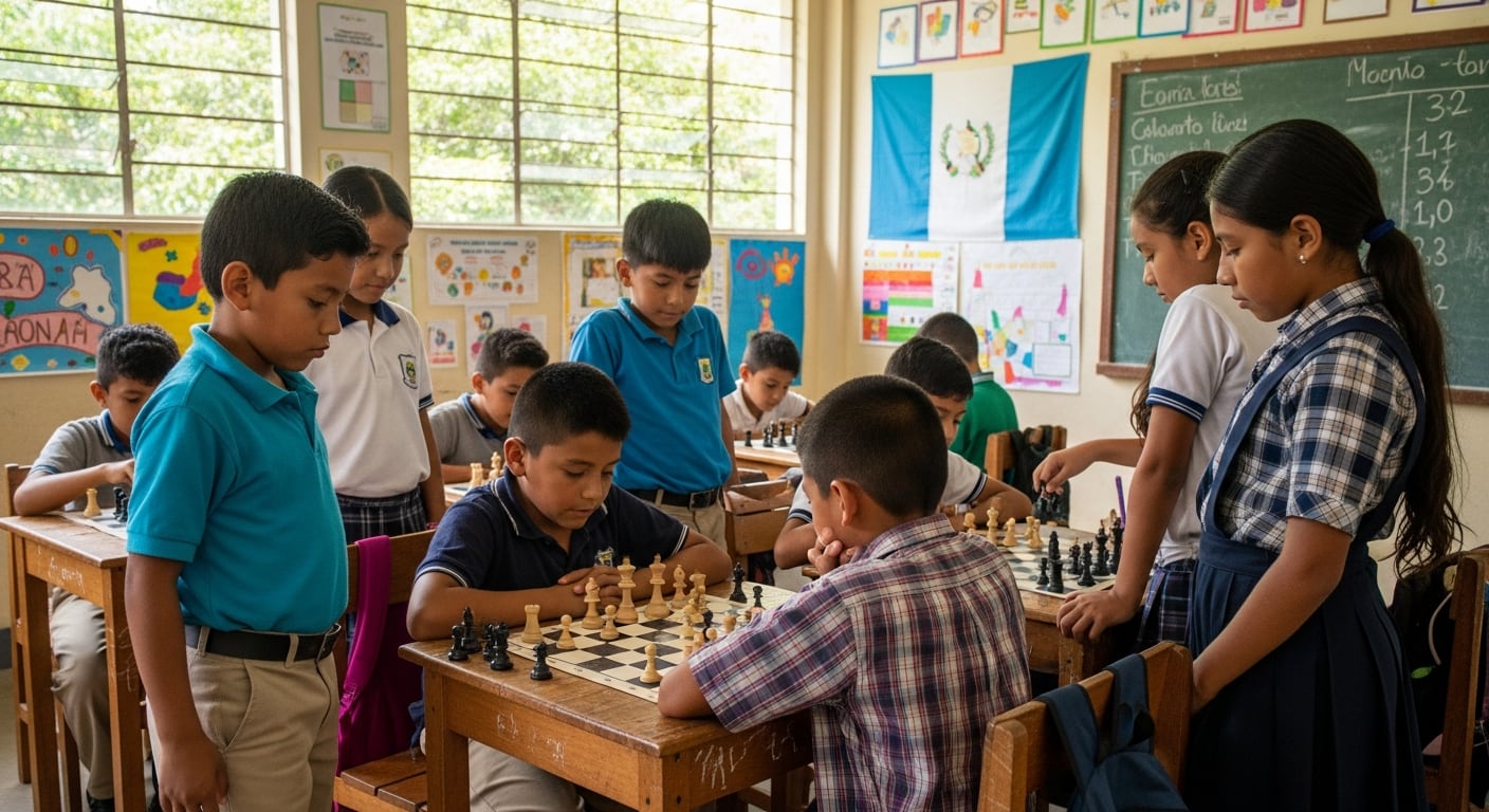 Niños y niñas de una escuela en Guatemala participan activamente en un juego de ajedrez, demostrando concentración y aprendizaje estratégico. (Imagen Ilustrativa Infobae)