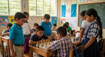 Niños y niñas guatemaltecos juegan ajedrez en un aula escolar. Se ven varios tableros de ajedrez, estudiantes concentrados y una bandera de Guatemala en la pared.