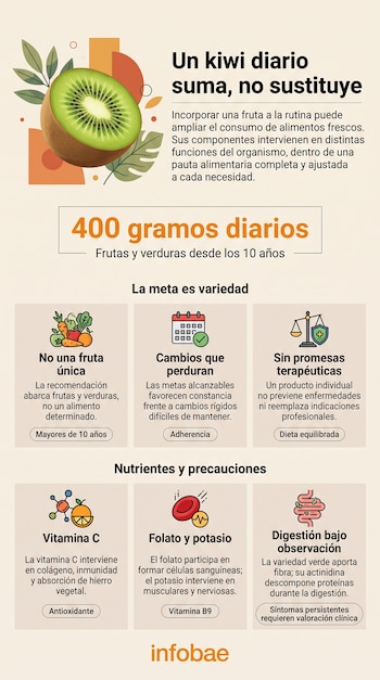 Ilustración de un kiwi en corte transversal junto con bloques de texto informativo, cifras y seis iconos sobre nutrición y salud.