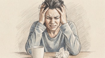 Ilustración a color de una mujer con cabello oscuro y blusa azul, sujetándose la cabeza con ambas manos y una expresión de intenso dolor. Hay una taza blanca y un pañuelo arrugado sobre la mesa frente a ella.