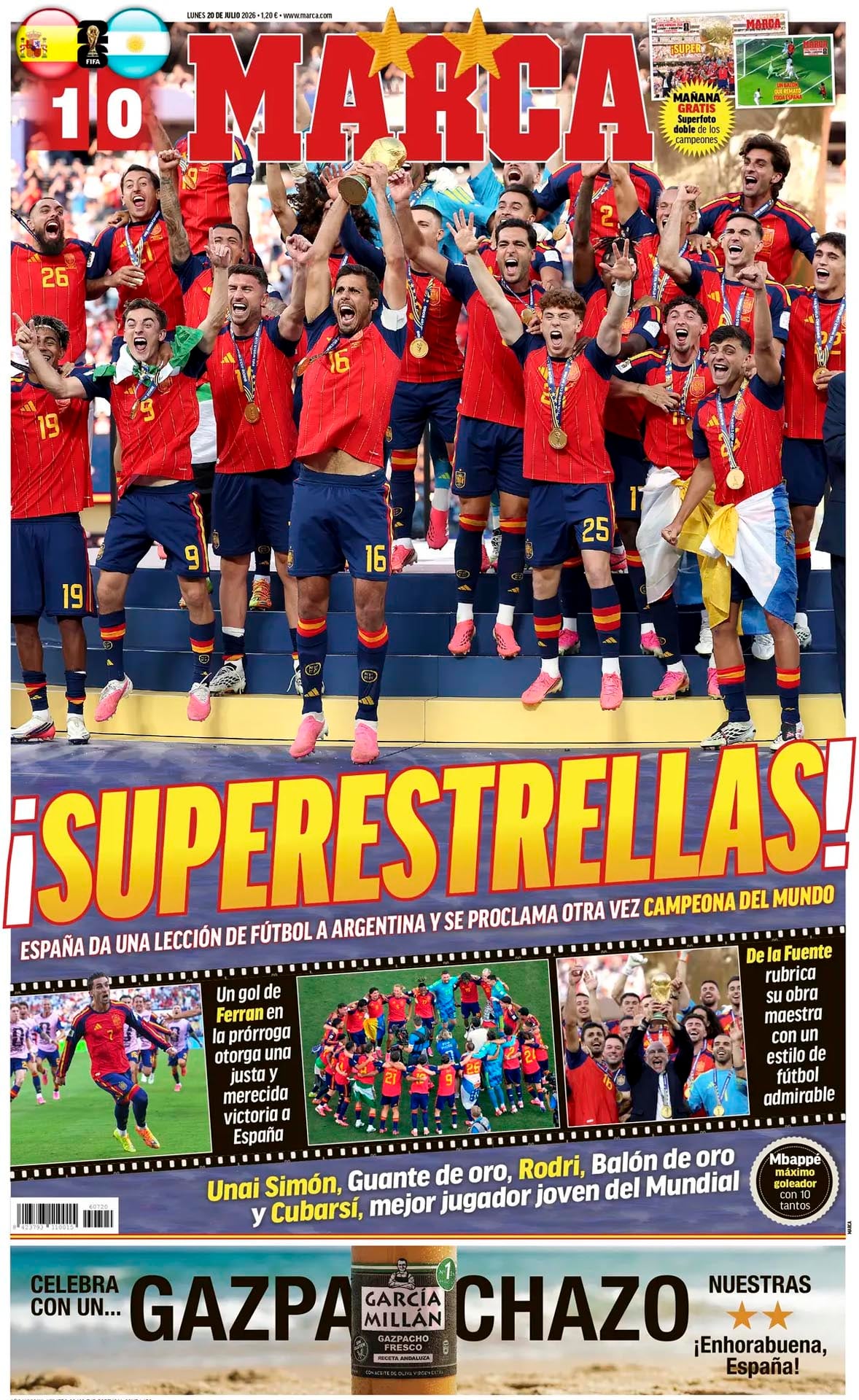 La portada del diario Marca conmemora la victoria de la selección española de fútbol en el Mundial y su triunfo sobre Argentina.