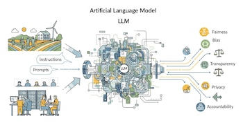 Ilustración de un modelo de lenguaje artificial (LLM) abstracto con entradas de personas y salidas ramificadas por principios éticos como equidad, privacidad y transparencia.