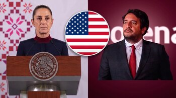 Mujer en podio con el escudo de México a la izquierda y hombre de traje y corbata a la derecha, con bandera de Estados Unidos en círculo central.