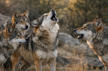 Cuatro lobos mexicanos con pelaje gris y marrón en un entorno natural. Uno aúlla con la cabeza levantada y la boca abierta, los otros tres observan.