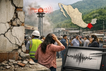Pared con grietas y escombros, personas en la calle, torre de alerta sísmica con luces rojas, mapa de México con Chiapas resaltado, sismógrafo con ondas.