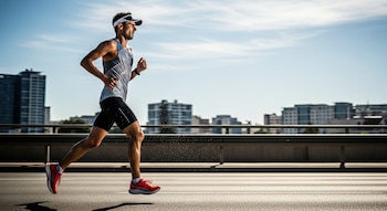 Hombre con gorra de visera, camiseta sin mangas y pantalones cortos deportivos corre en una carretera, edificios al fondo y cielo azul.