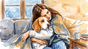 Ilustración acuarela de mujer abrazando un perro beagle en un sofá, con ventana escarchada, taza humeante y libros en mesa de madera.