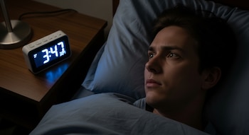 Un hombre joven recostado en la cama observa un reloj digital en una mesa de noche que muestra las 3:47 AM y la temperatura, junto a una lámpara.