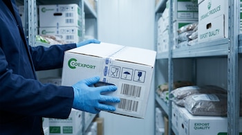 Manos con guantes de látex azul sostienen una caja blanca de Coexport con códigos de barras, símbolos de envío y seguridad, en un almacén con estanterías.