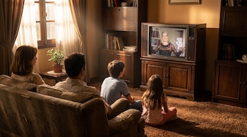 Familia de espaldas en una sala de los 80 viendo a Pinky en un televisor Sony de madera. Se observa un sofá, alfombra, muebles y una ventana con luz.