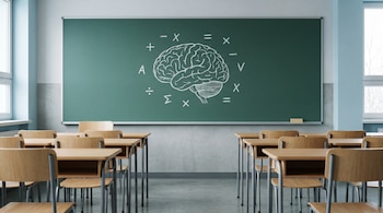 Aula de escuela primaria vacía con filas de pupitres de madera y sillas; una pizarra verde al fondo muestra un cerebro y símbolos matemáticos en tiza blanca.