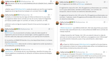 Catherine Juvinao, congresista y Representante a la Cámara por Bogotá, denuncia que a algunos futbolistas profesionales en Colombia les toca jugar sin contrato profesional - crédito @CathyJuvinao/X