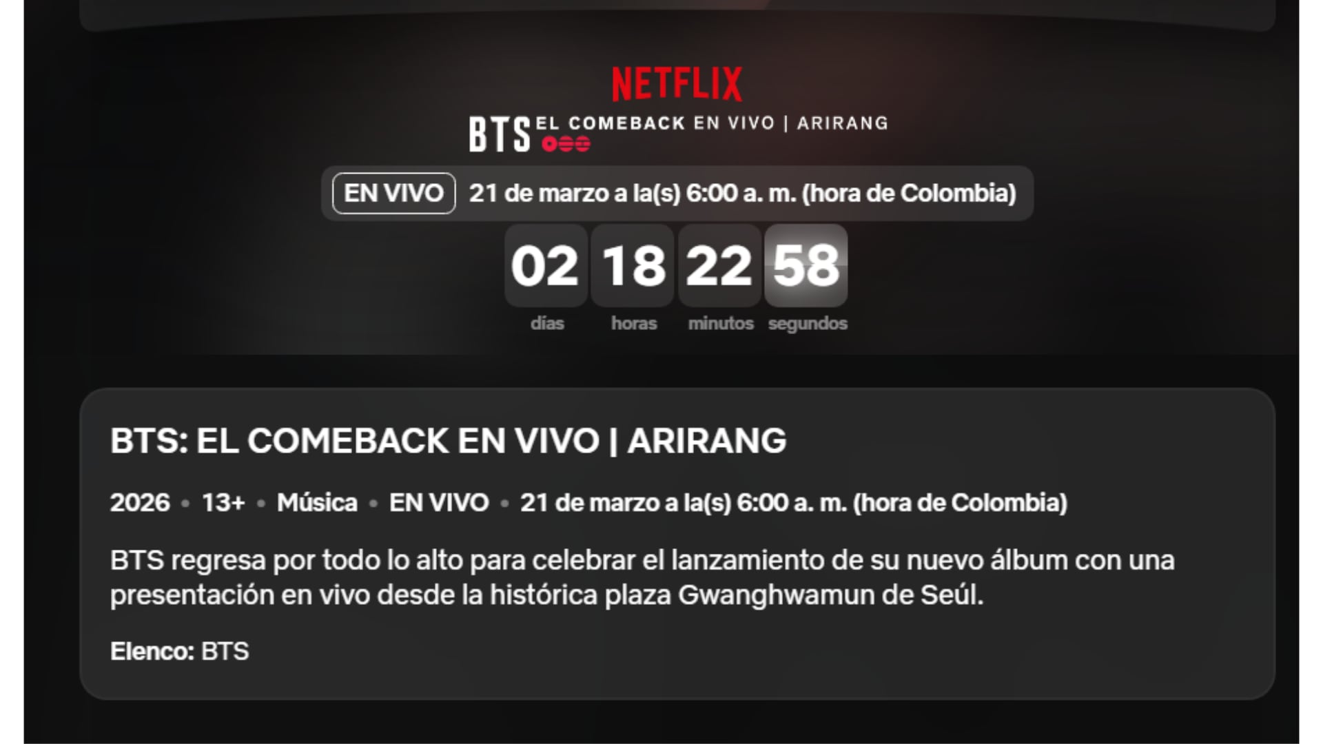 La transmisión en Colombia estará disponible desde las 6:00 a.m. a través de Netflix, permitiendo a los fans seguir el show en tiempo real - crédito captura de pantalla BTS: EL COMEBACK EN VIVO | ARIRANG/ Netflix