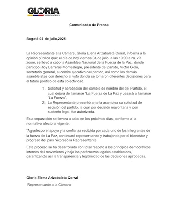 Así dio a conocer la congresista el resultado de las votaciones internas de Fuerza por la Paz - crédito red social X