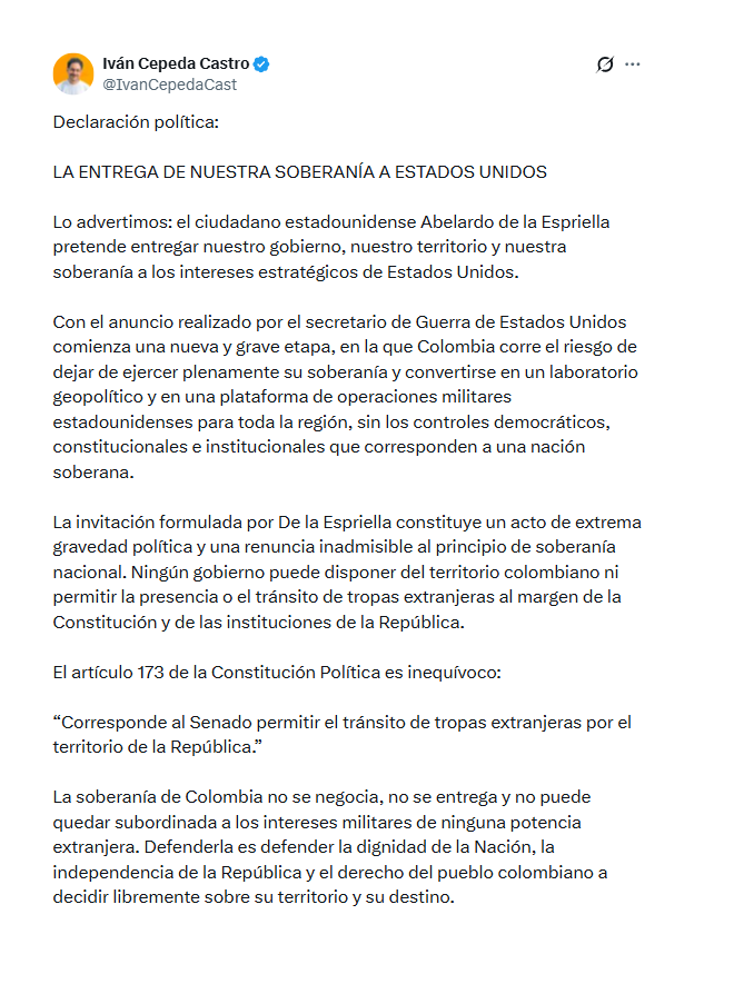 Con este mensaje en X, el senador Iván Cepeda arremetió contra Abelardo de la Espriella tras declaraciones de secretario de Guerra de EE. UU. - crédito @IvanCepedaCast/X