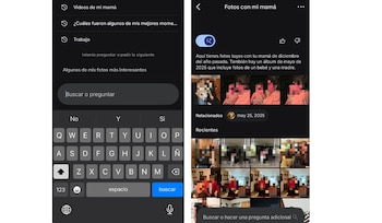 Dos pantallas de teléfono móvil muestran una interfaz de asistente virtual con teclado virtual y una galería de fotos con imágenes y texto