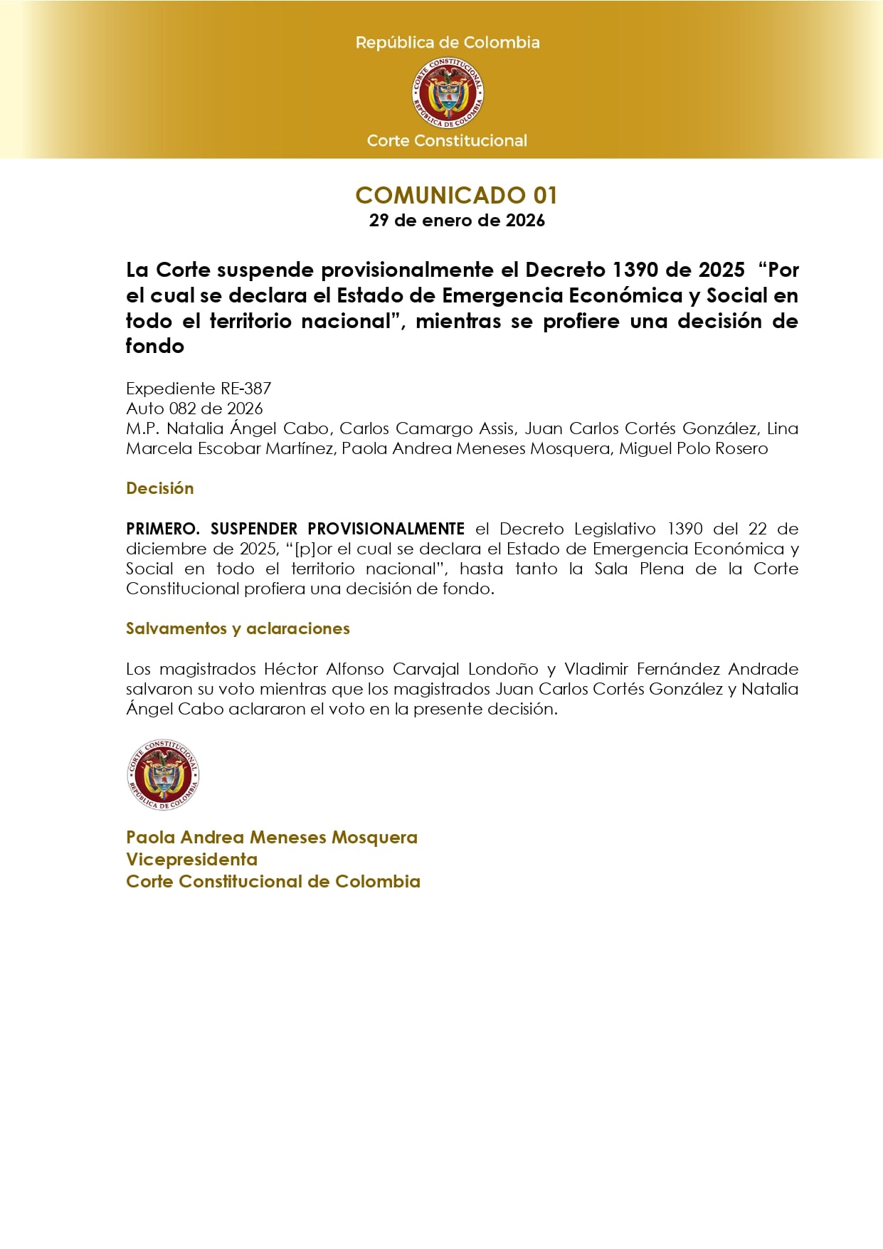 Con una votación de seis magistrados a favor y dos en contra, la Corte Constitucional suspende el decreto de emergencia económica del Gobierno Petro - crédito Corte Constitucional