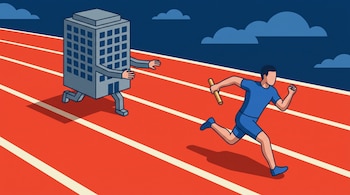En una pista de atletismo roja, un corredor con ropa azul y posta dorada avanza. Detrás, un edificio gris con brazos y piernas se desplaza en la misma dirección.