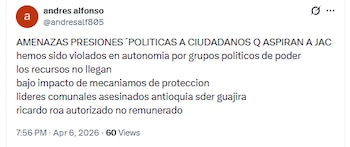 Ciudadanos denuncian presiones por parte de grupos ilegales en Antioquia - crédito @andresalf805/X