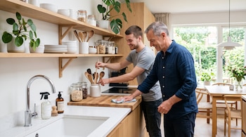 Dos hombres limpian la encimera y organizan cucharas de madera en una cocina con estantes, plantas y un fregadero.