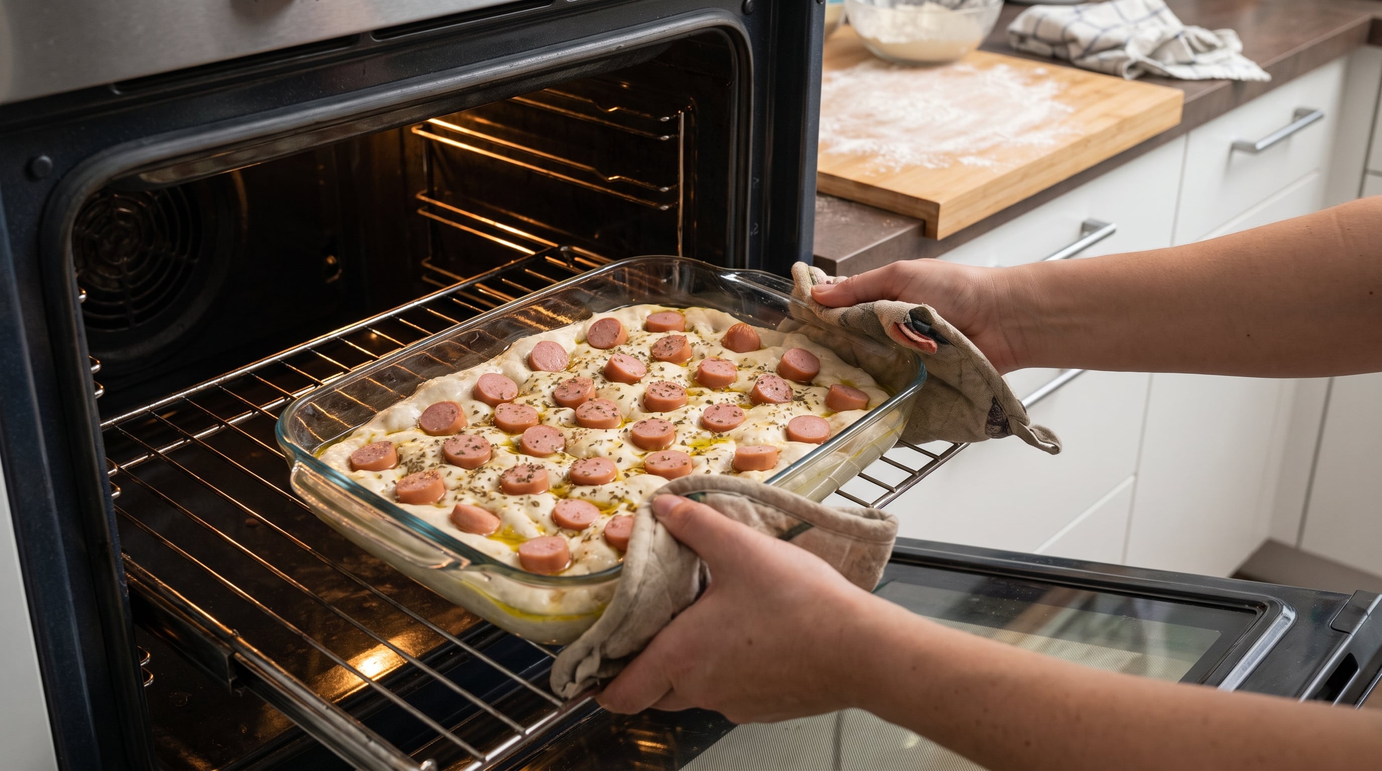 La cocción de la focaccia con salchichas se realiza en horno precalentado a 200 °C durante 30 a 35 minutos (Imagen Ilustrativa Infobae)